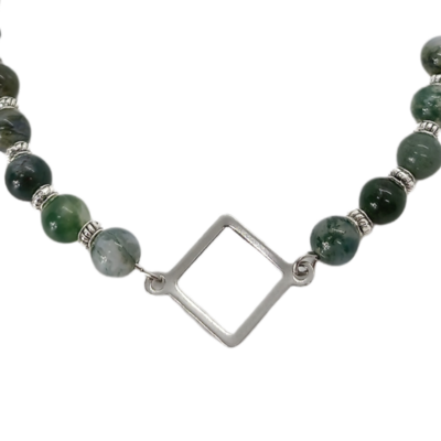 Bracelet de cheville macramé - Agate mousse et symbole carré