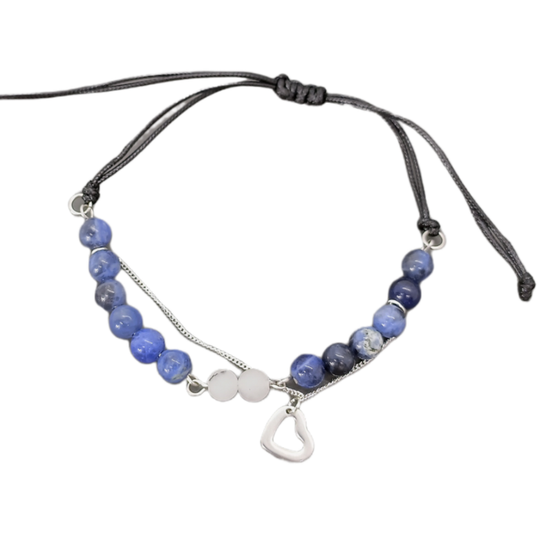 Bracelet de cheville macramé - Sodalite , Quartz tourmaline et petit coeur