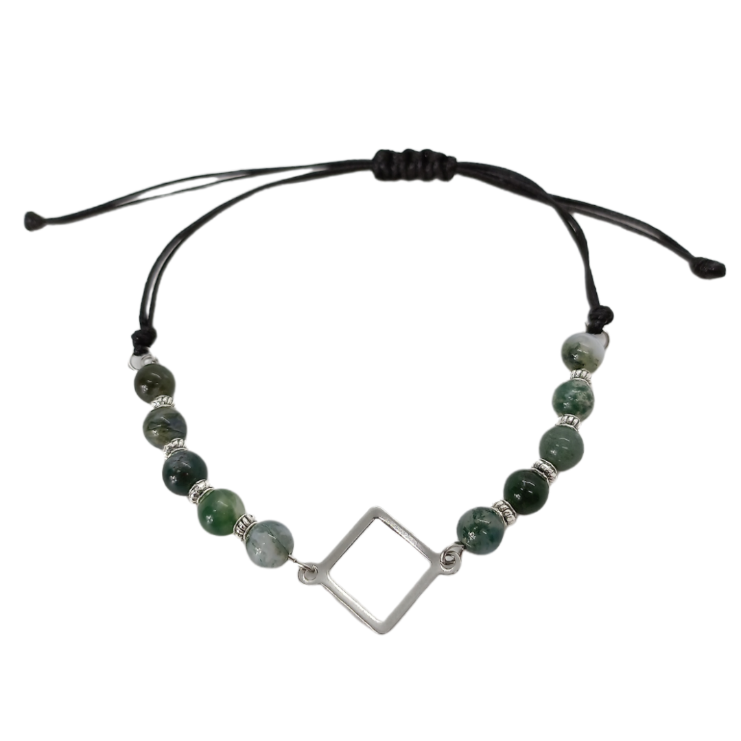 Bracelet de cheville macramé - Agate mousse et symbole carré