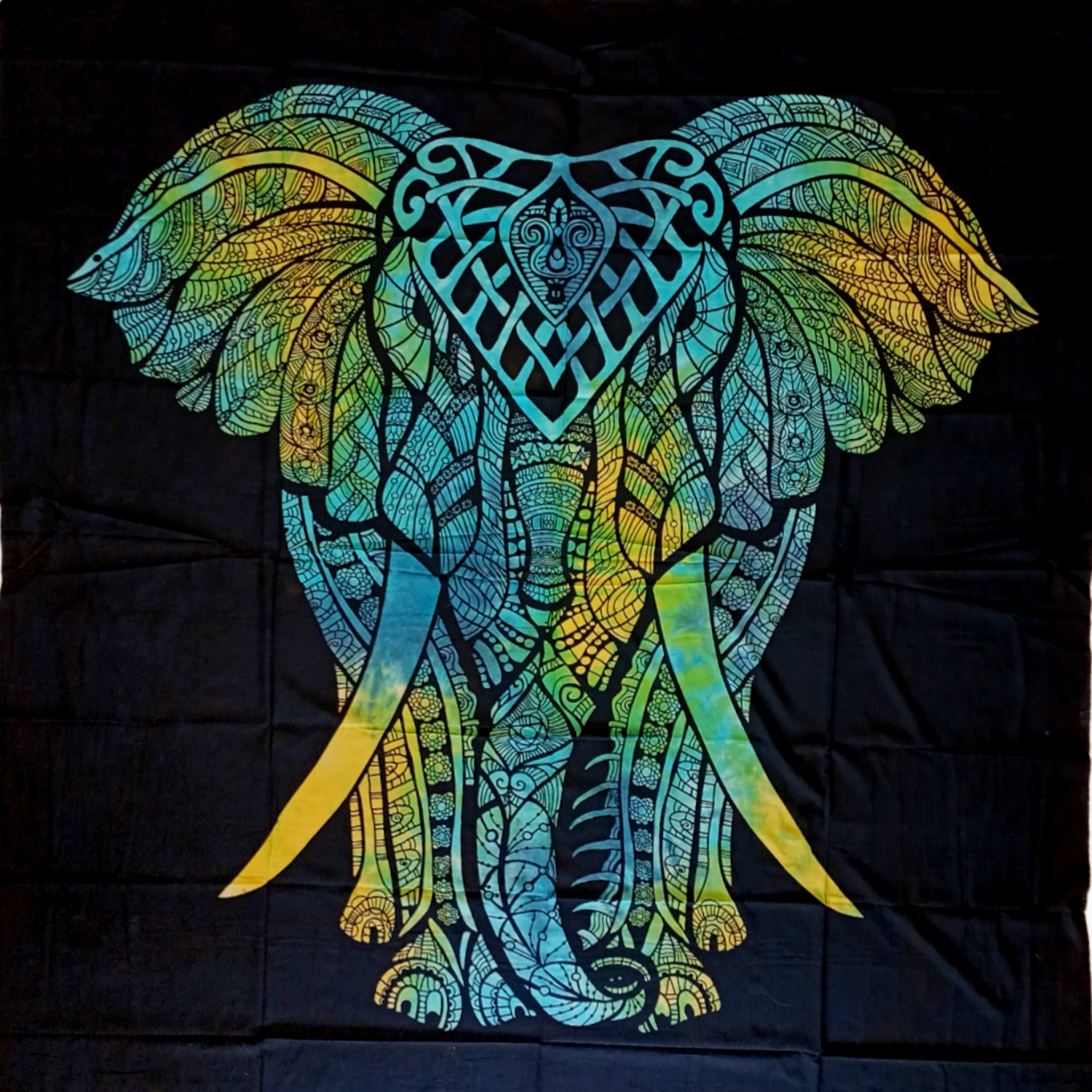 Tenture Éléphant Bleu, Vert, Jaune 220 x 240 cm
