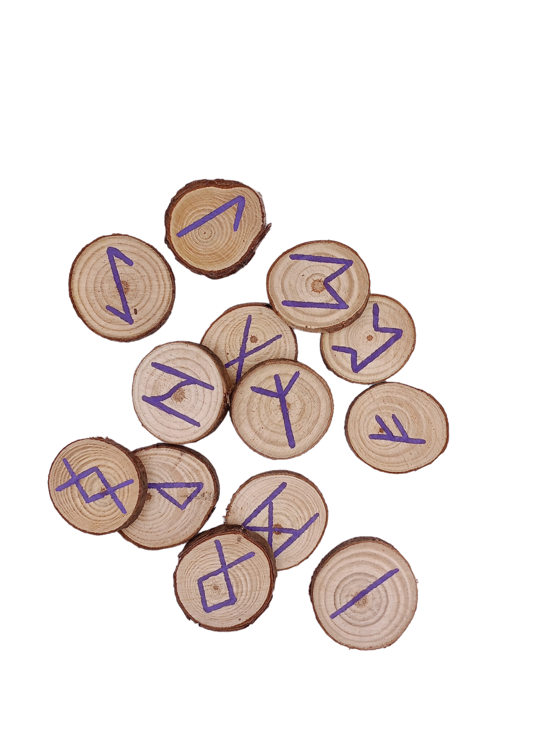 Set de runes Futhark violettes sur rondelles de bois