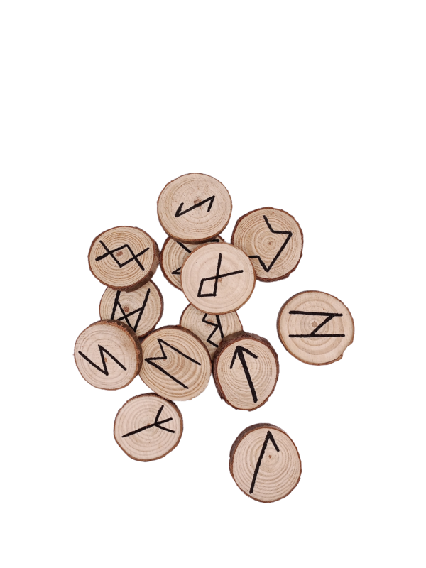 Set de runes Futhark noires sur rondelles de bois