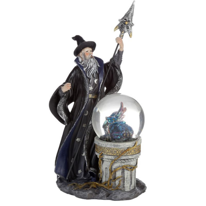Esprit du sorcier avec son petit dragon bleu dans une boule à neige