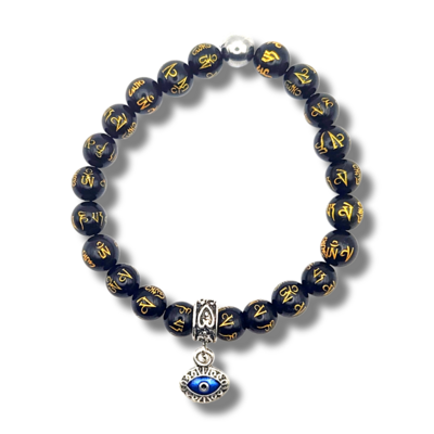 Bracelet Obsidienne Om et Oeil turc - 8 mm
