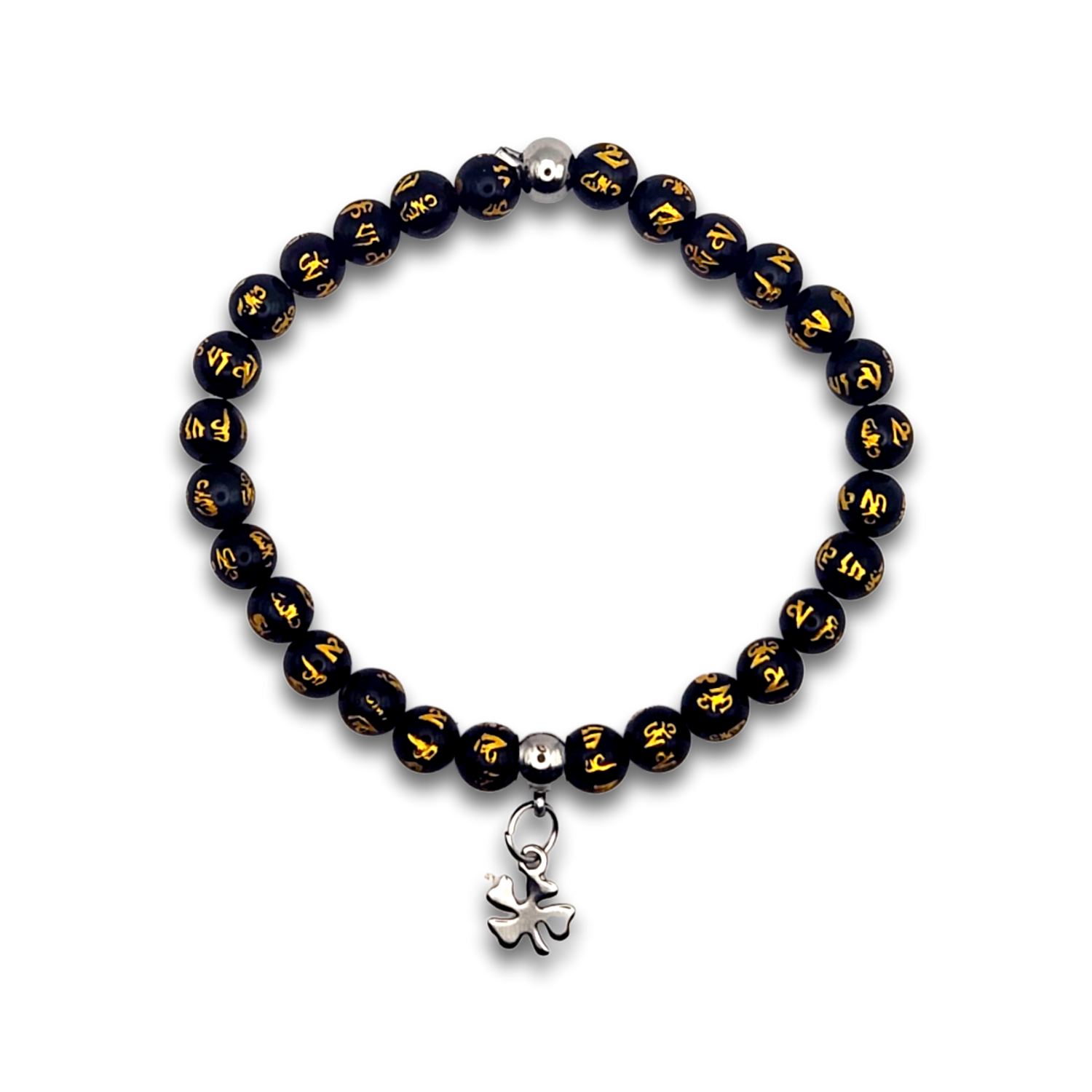 Bracelet Obsidienne Om et Trèfle à 4 feuilles - 6 mm