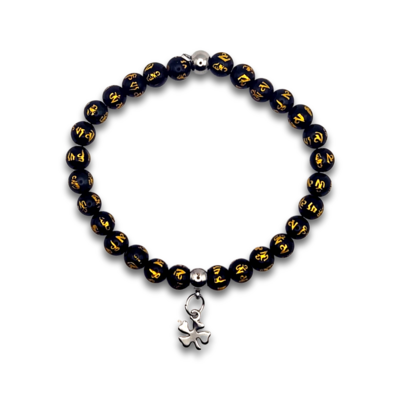 Bracelet Obsidienne Om et Trèfle à 4 feuilles - 6 mm