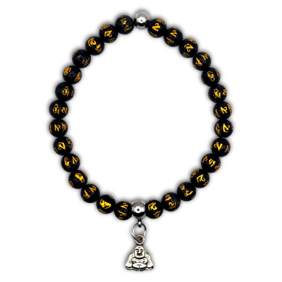Bracelet Obsidienne Om et Happy Bouddha - 6 mm