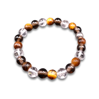 Bracelet Oeil de tigre, quartz fumé et cristal de roche 8 mm