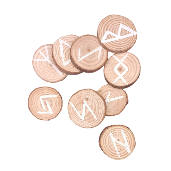 Set de runes Futhark blanches sur rondelles de bois