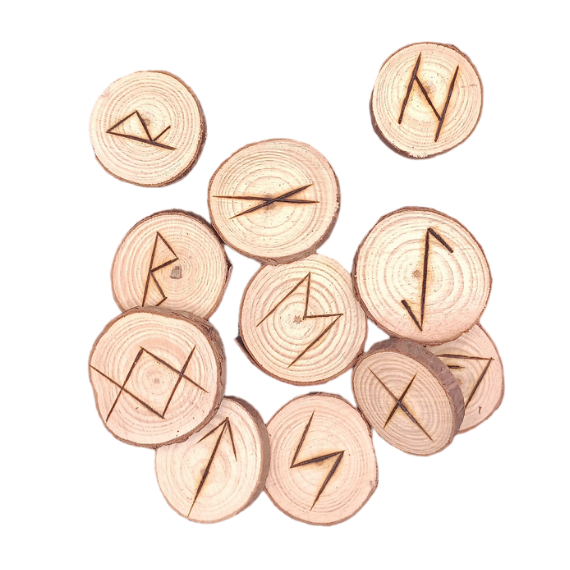 Set de runes Futhark pyrogravées sur rondelles de bois