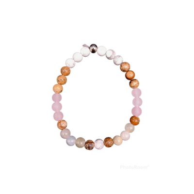 Bracelet Instant présent / Sérénité, 6 mm - Magnésite, Quartz rose, Jaspe paysage, Aigue-marine