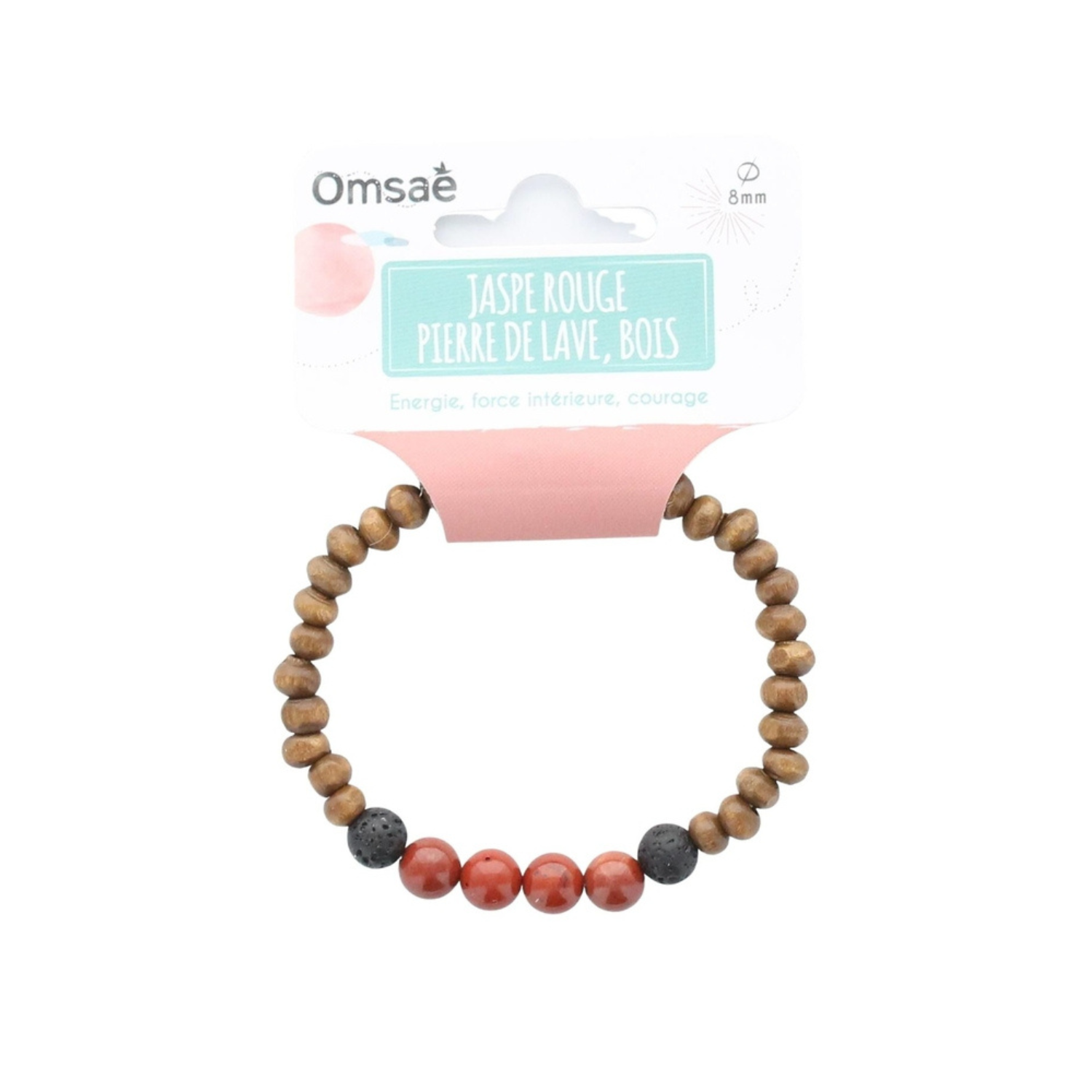 Bracelet bois, Jaspe rouge et Pierre de lave