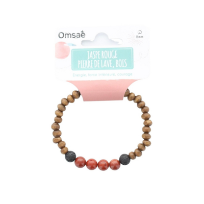Bracelet bois, Jaspe rouge et Pierre de lave