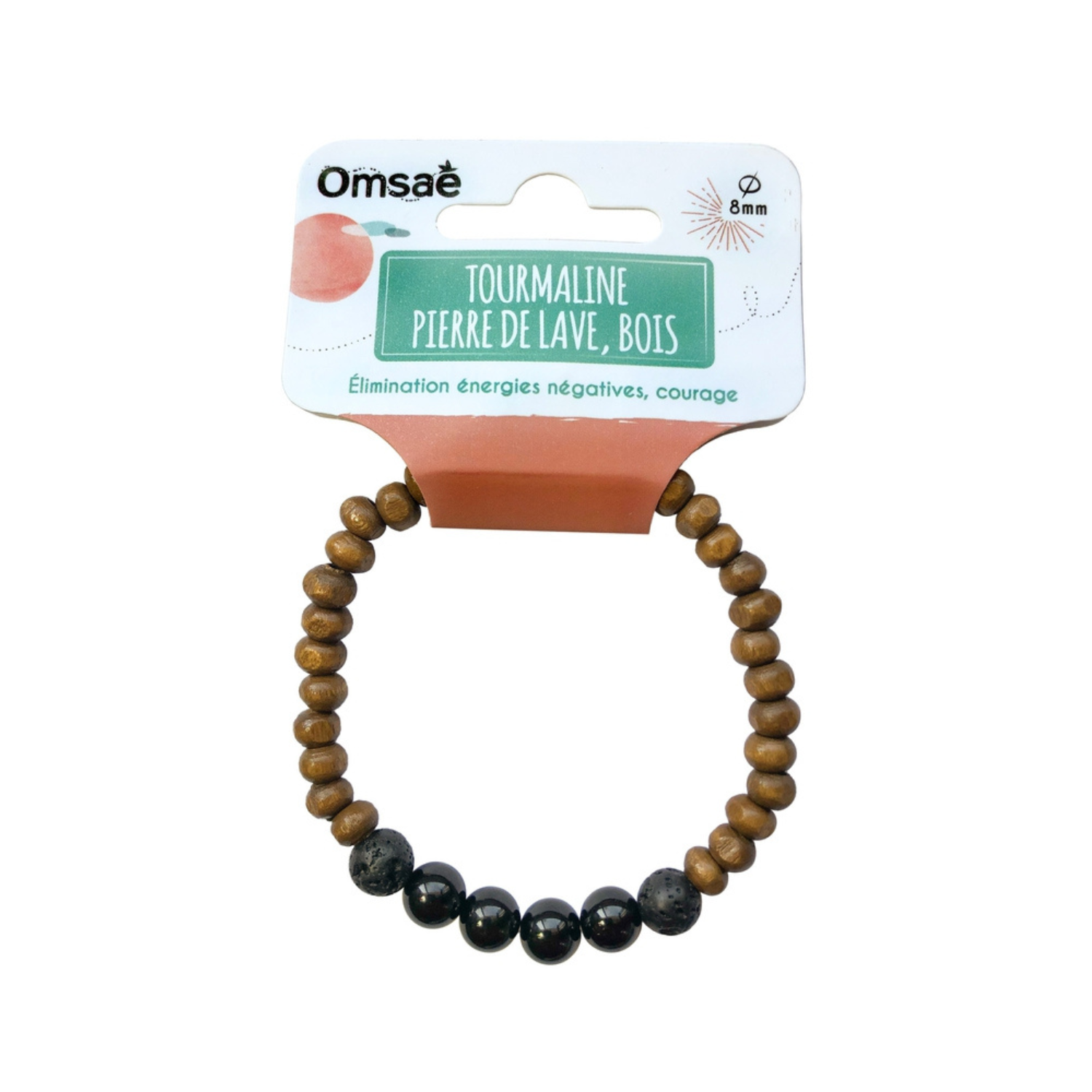 Bracelet bois, Tourmaline et Pierre de lave