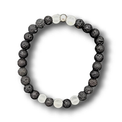 Bracelet Cristal de roche mat et Pierre de lave