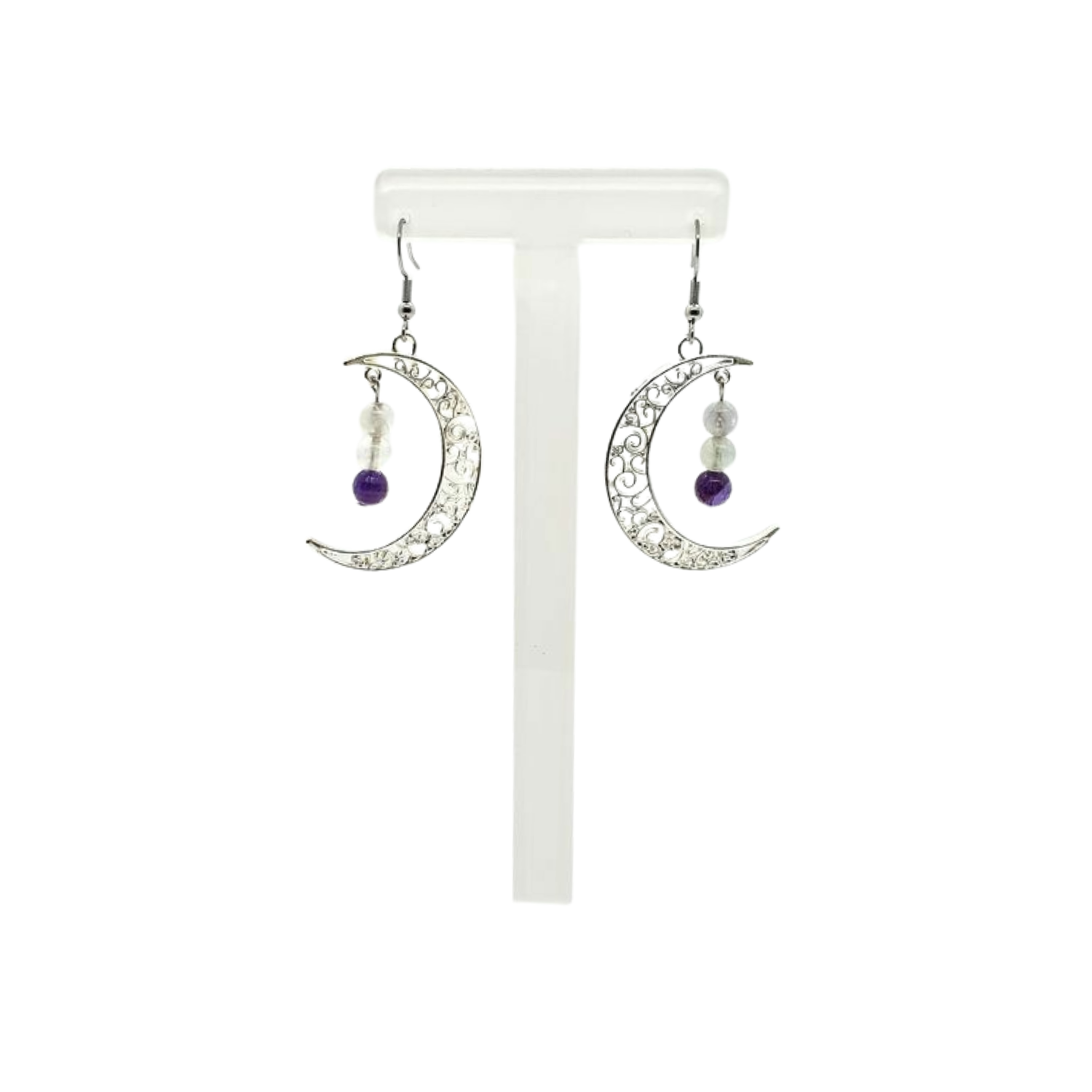Boucle d&#39;oreille lune Fluorite et améthyste 6 mm