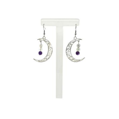 Boucle d&#39;oreille lune Fluorite et améthyste 6 mm