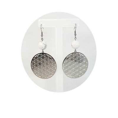 Boucles d&#39;Oreilles Fleur de Vie Howlite, 12 mm