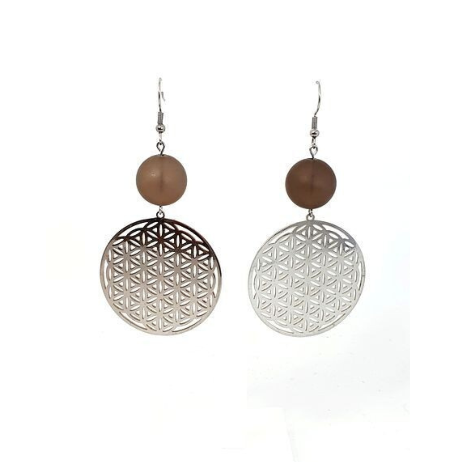Boucles d&#39;Oreilles Fleur de Vie Quartz fumé mat, 16 mm