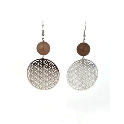 Boucles d&#39;Oreilles Fleur de Vie Quartz fumé mat, 16 mm