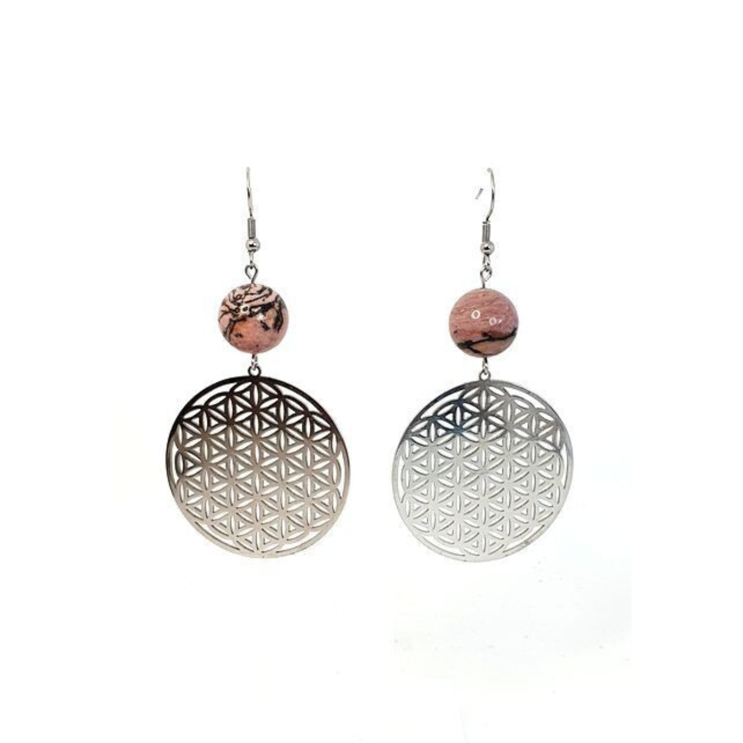 Boucles d&#39;Oreilles Fleur de Vie Rhodonite, 14 mm