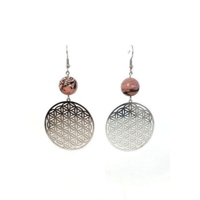 Boucles d&#39;Oreilles Fleur de Vie Rhodonite, 14 mm