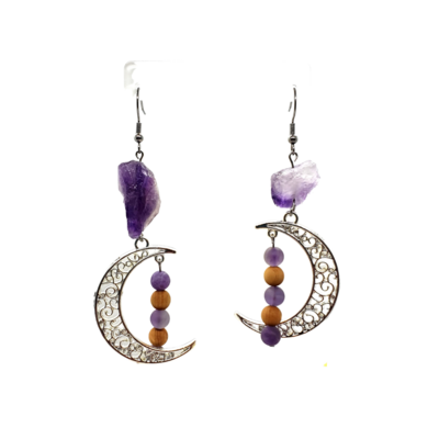 Boucles d&#39;Oreilles - Améthyste  et cèdre - 6 et 15x20 mm