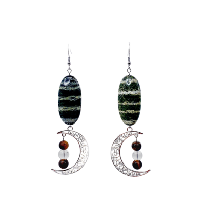 Boucles d&#39;Oreilles - Chrysotile, oeil de tigre et cristal de roche - 8 mm et 20x40mm