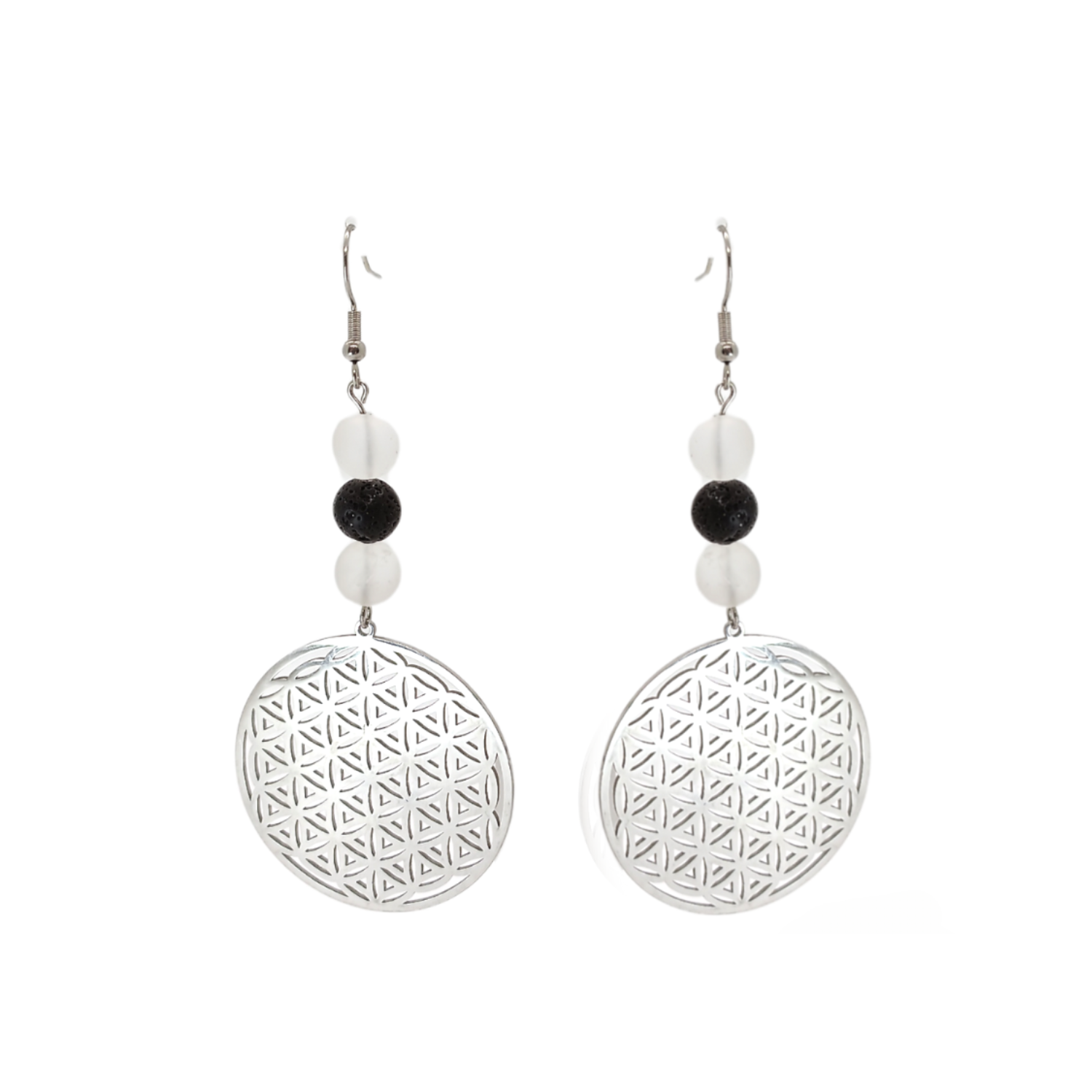 Boucles d&#39;Oreilles - Cristal de roche &amp; pierre de lave - 8 mm
