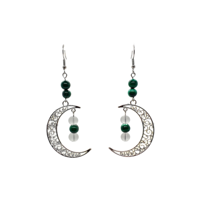 Boucles d&#39;Oreilles - Malachite et cristal de roche - 6mm