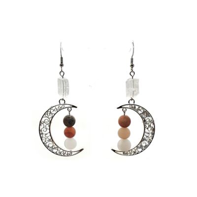 Boucles d&#39;Oreilles - Pierre de Lune et Cristal de roche - 10 mm et brute