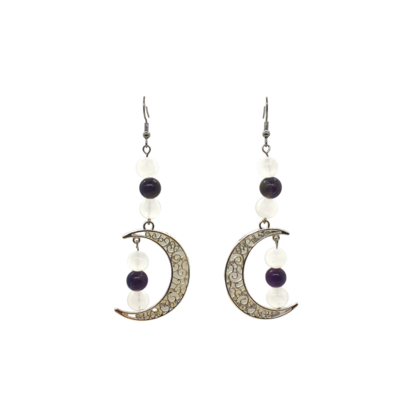 Boucles d&#39;Oreilles - Sélénite et Améthyste - 8 mm