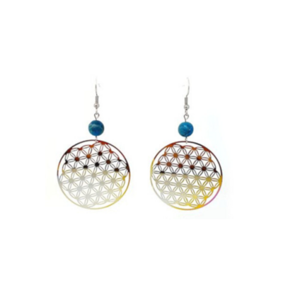 Boucles d&#39;Oreilles Apatite mat et Fleur de Vie, 8 mm