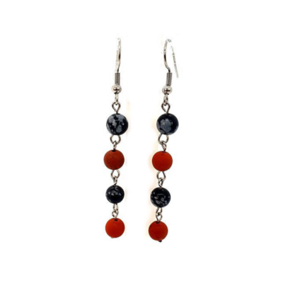 Boucles d&#39;Oreilles Obsidienne Flocon de Neige et Jaspe rouge, 6 mm