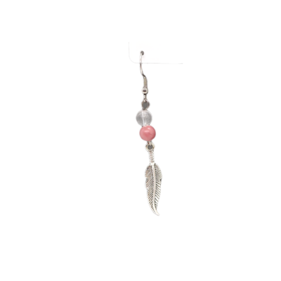 Boucles d'oreille - Rhodonite, Cristal de roche et plume