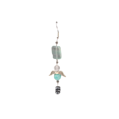 Boucles d'oreille - Fluorite, Cristal de roche, Amazonite, Hématite et ailes d'ange