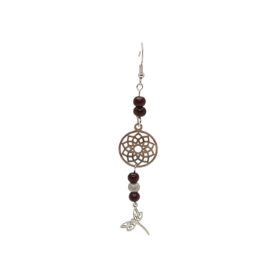 Boucles d'oreille - Mala en bois rouge, pendentif Chakra Couronne et libellule en vol