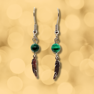 Boucles d'oreilles - Malachite et plumes