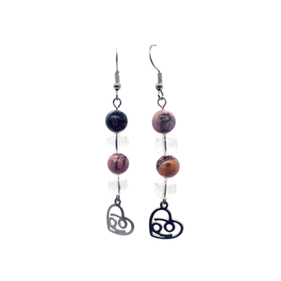 Boucles d&#39;oreilles Astro - Cancer - Cristal de roche &amp; Rhodonite
