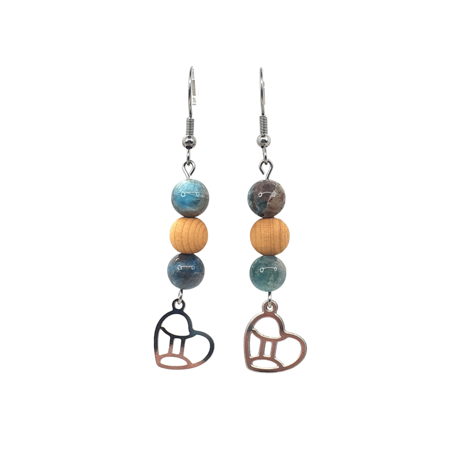 Boucles d&#39;oreilles Astro - Gémeaux - Apatite &amp; cèdre mat