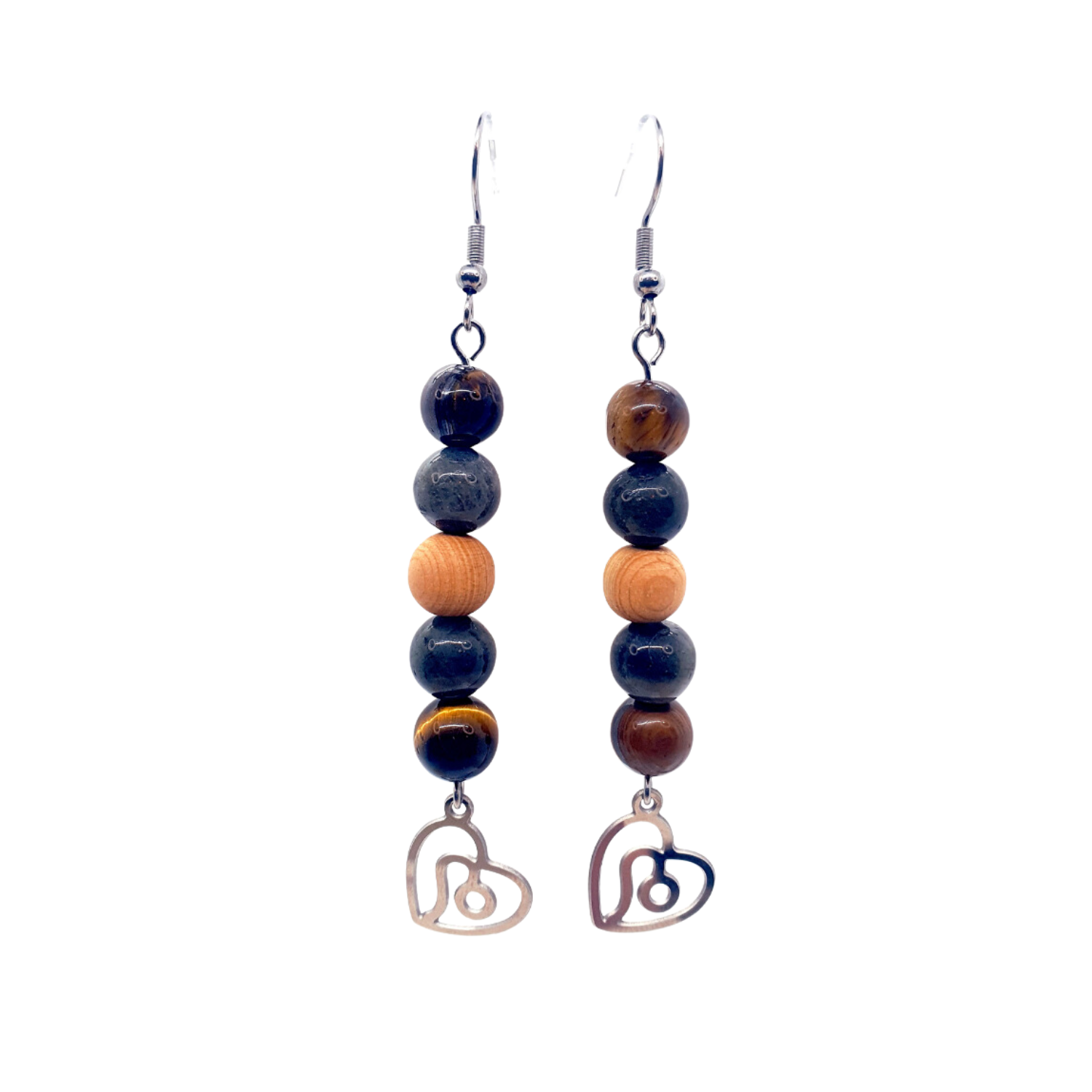 Boucles d&#39;oreilles Astro - Lion - Oeil de tigre, Labradorite &amp; Mala cèdre