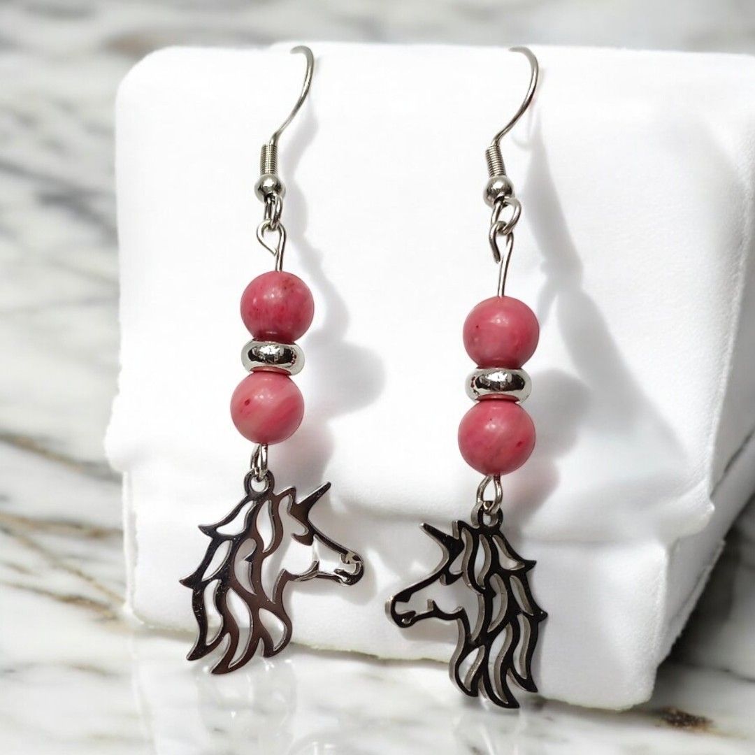 Boucles d&#39;oreille - Rhodonite et Licorne