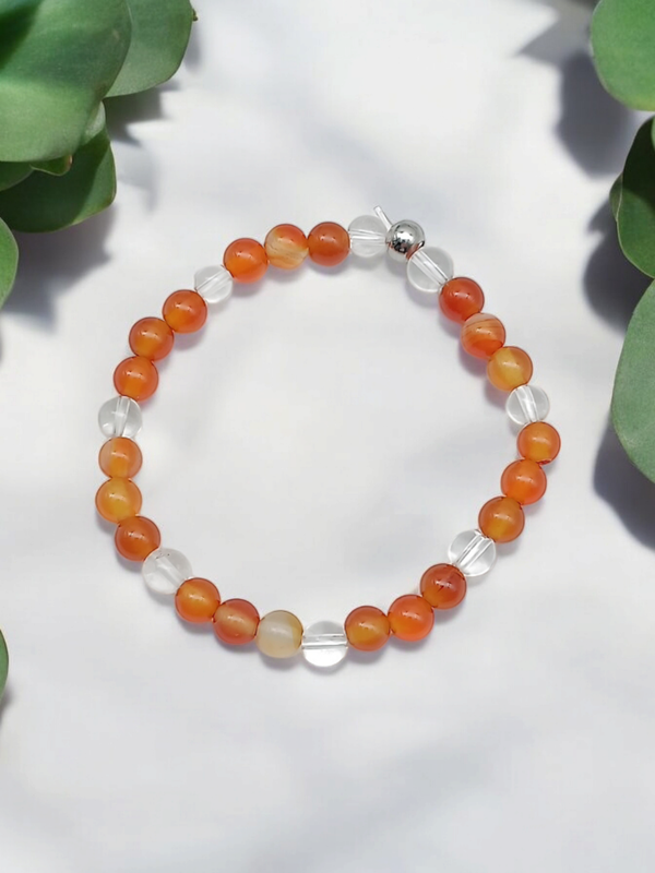 Bracelet cornaline et cristal de roche 6mm