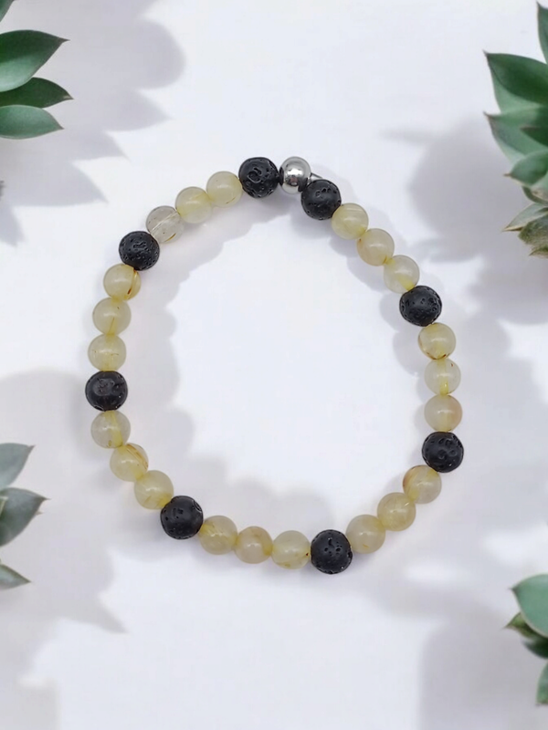 Bracelet quartz rutile et pierre de lave 6mm