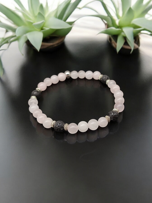 Bracelet quartz rose &amp; pierre de lave 6mm