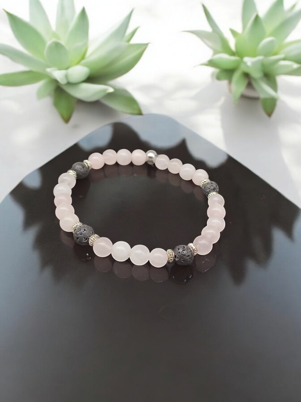 Bracelet quartz rose &amp; pierre de lave 6mm