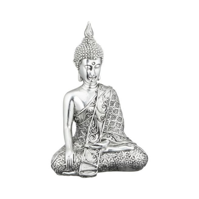 Bouddha Assis en Polyrésine Argentée – 12 cm