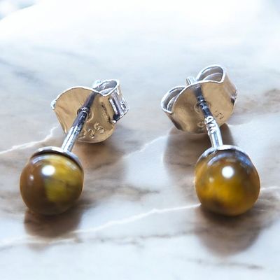 Puces d’oreilles Œil de Tigre – 4 mm – Argent 925