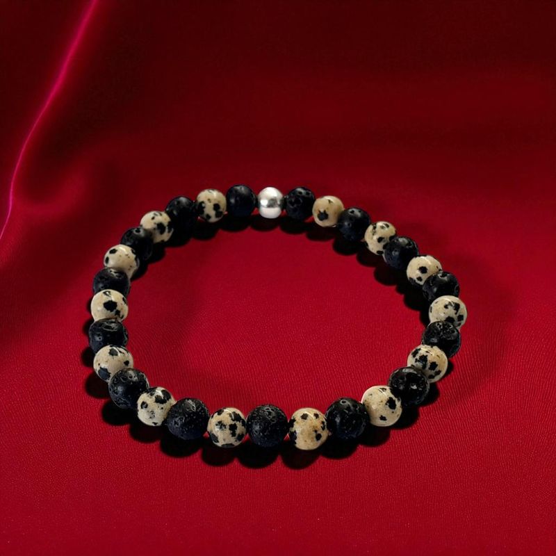 Bracelet jaspe dalmatien &amp; pierre de lave 6mm