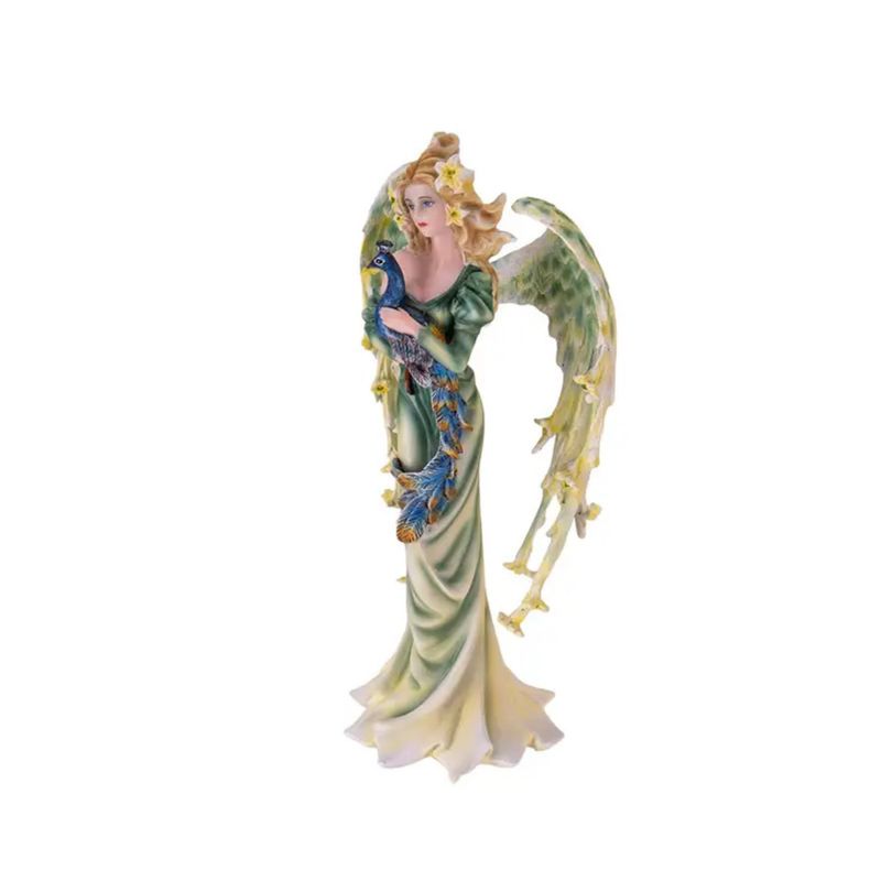 Statue Fée Verte avec Paon – 24 cm